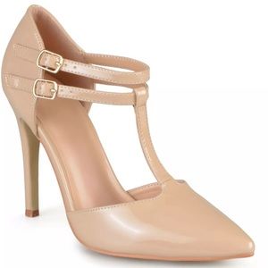 JOURNEE COLLECTION Womens Beige T-Strap Tru Pointed Toe Stiletto Pumps 7